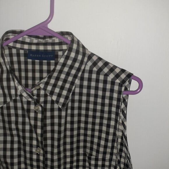 Karen Scott Top L Black White Check Cotton Sleeveless Button-down Summer Shirt - Picture 2 of 5